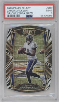 Lamar Jackson from the 2020 Panini Select set featuring a Die-Cut Zebra parallel graded by PSA and given an overall grade of 9.
