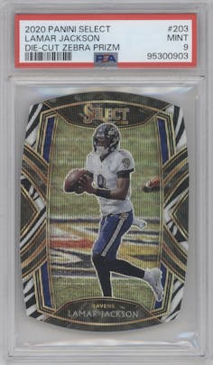 Lamar Jackson from the 2020 Panini Select set featuring a Die-Cut Zebra parallel graded by PSA and given an overall grade of 9.