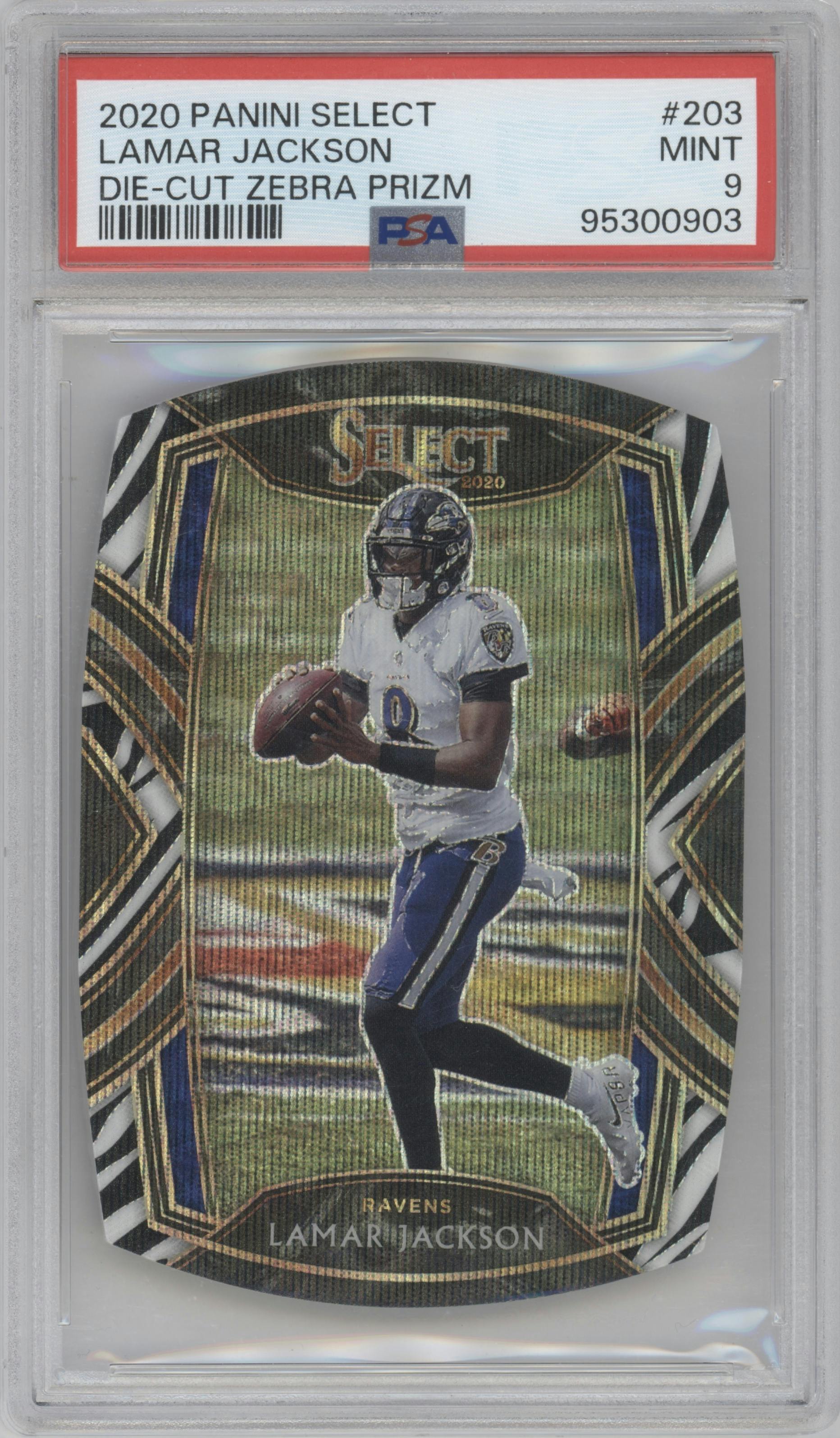 Lamar Jackson from the 2020 Panini Select set featuring a Die-Cut Zebra parallel graded by PSA and given an overall grade of 9.