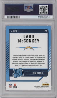 Ladd McConkey from the 2024 Donruss set featuring a Red Pandora parallel graded by PSA and given an overall grade of 10.