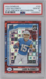 Ladd McConkey from the 2024 Donruss set featuring a Red Pandora parallel graded by PSA and given an overall grade of 10.