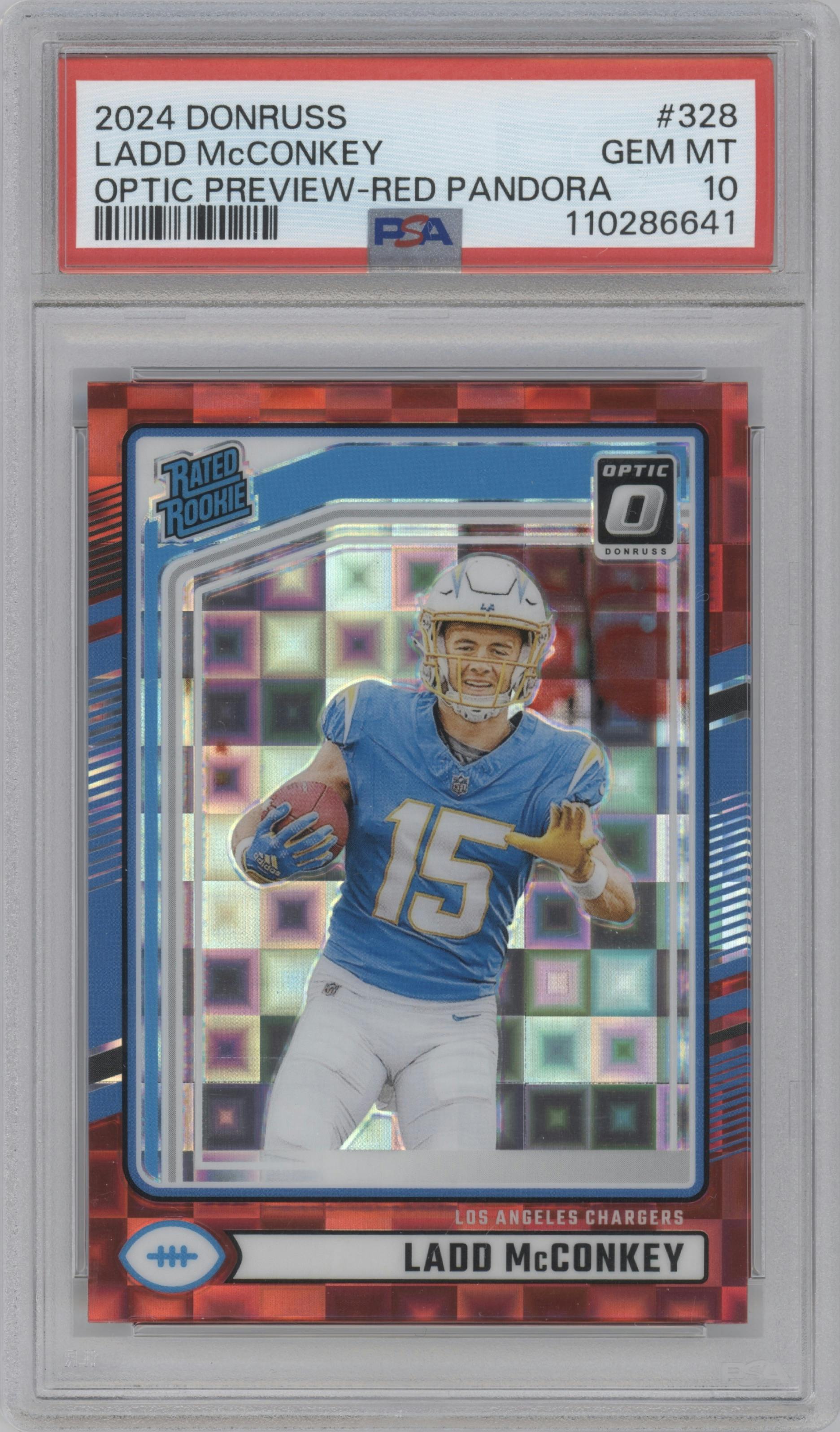 Ladd McConkey from the 2024 Donruss set featuring a Red Pandora parallel graded by PSA and given an overall grade of 10.