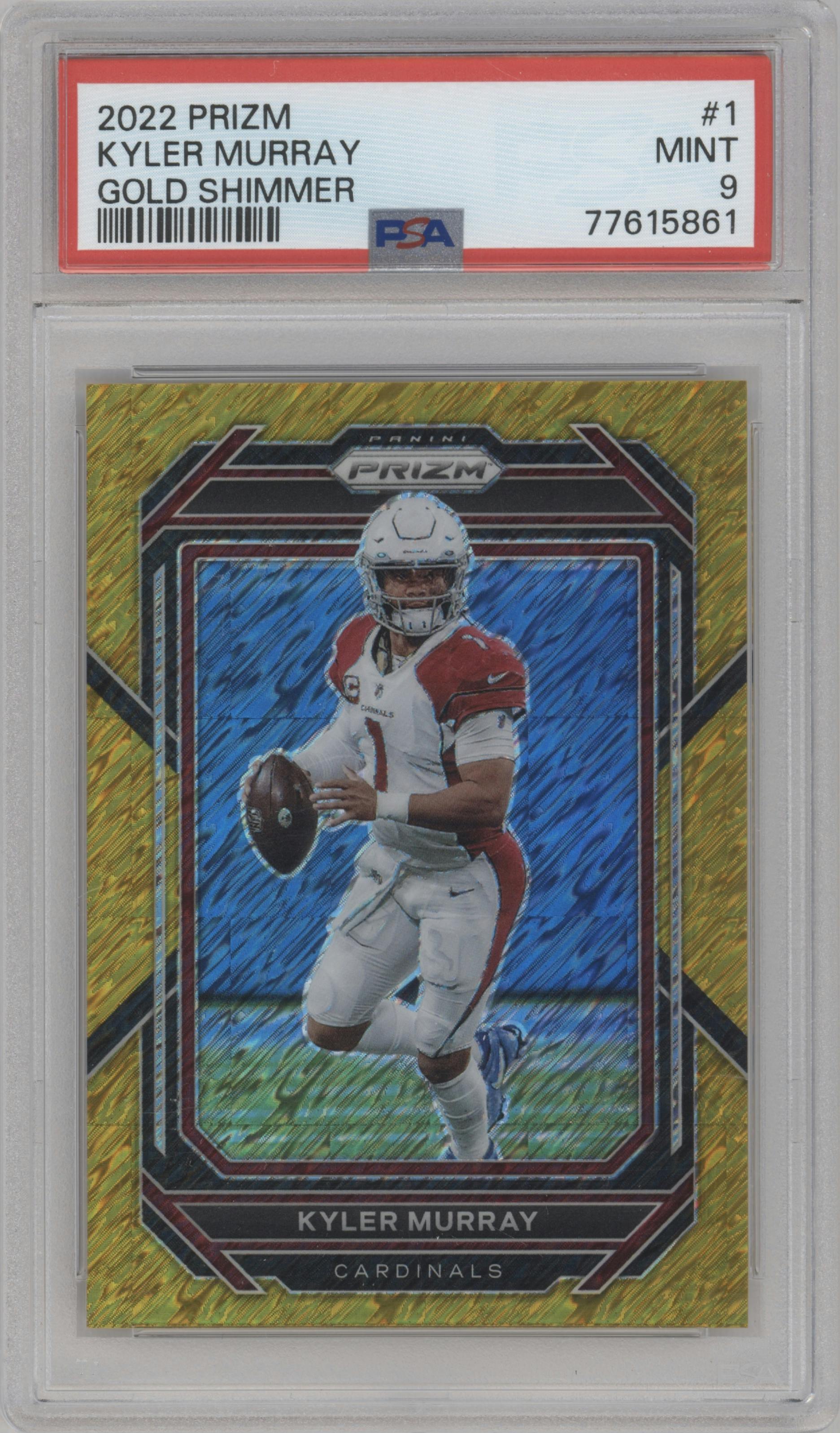 Kyler Murray from the 2022 Panini Prizm set featuring a Gold Shimmer parallel graded by PSA and given an overall grade of 9.