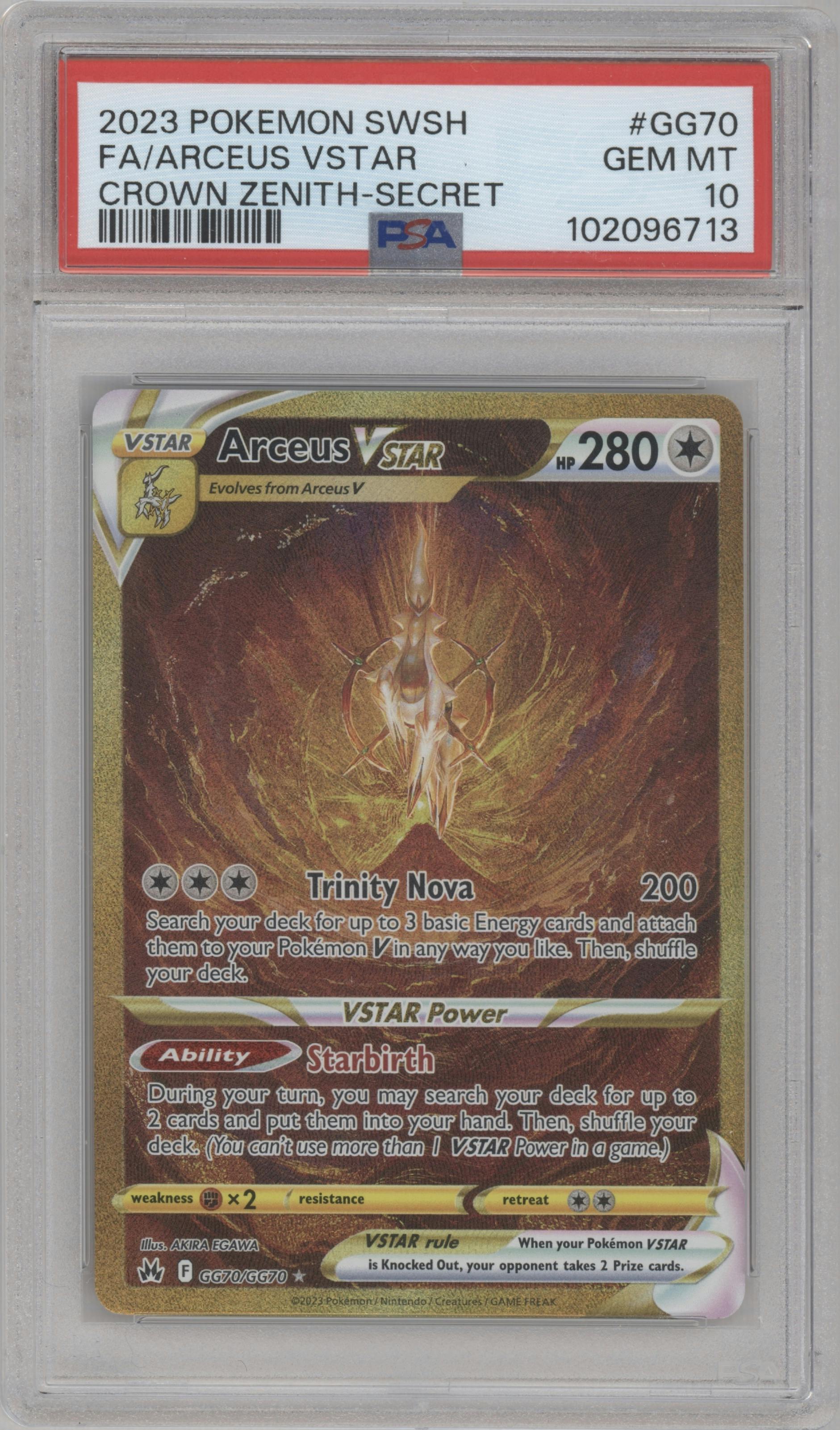 Arceus VSTAR from the 2023 Pokemon SWSH set graded by PSA and given an overall grade of 10.