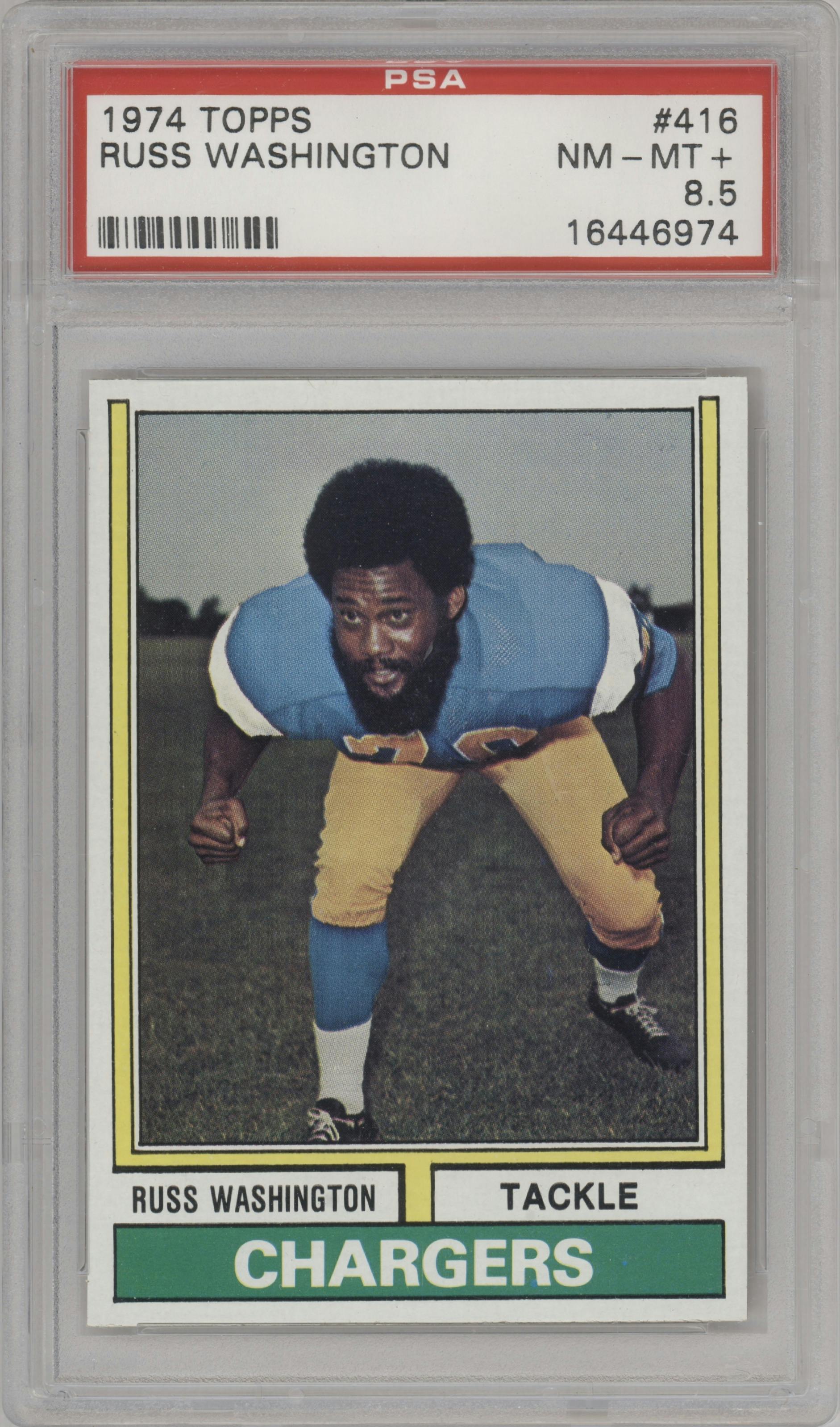 Russ Washington from the 1974 Topps set graded by PSA and given an overall grade of 8.5.