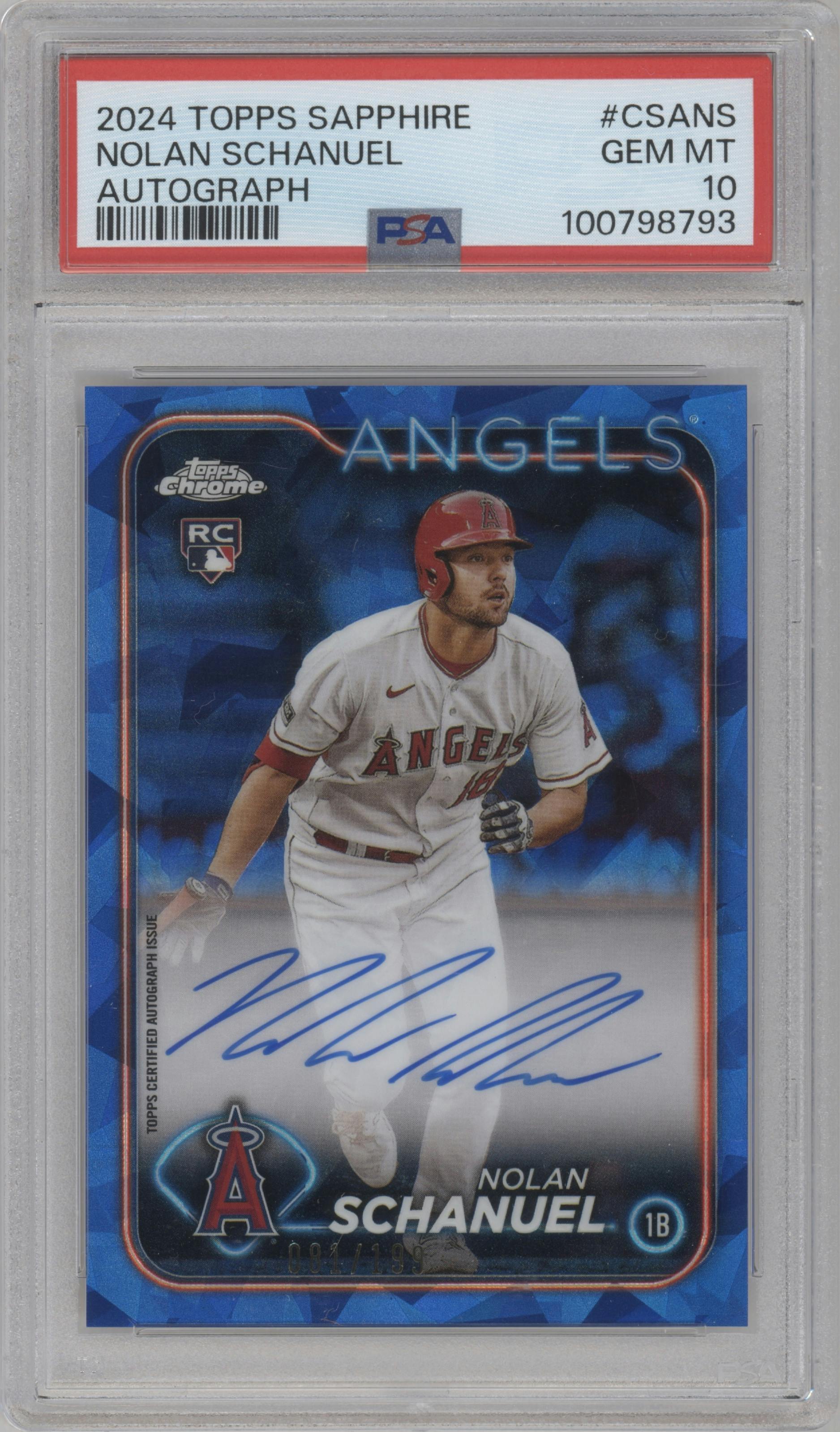 Nolan Schanuel from the 2024 Topps Chrome Sapphire set graded by PSA and given an overall grade of 10.
