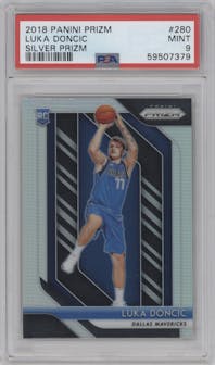 Luka Doncic from the 2018-19 Panini Prizm set featuring a Silver Prizm parallel graded by PSA and given an overall grade of 9.