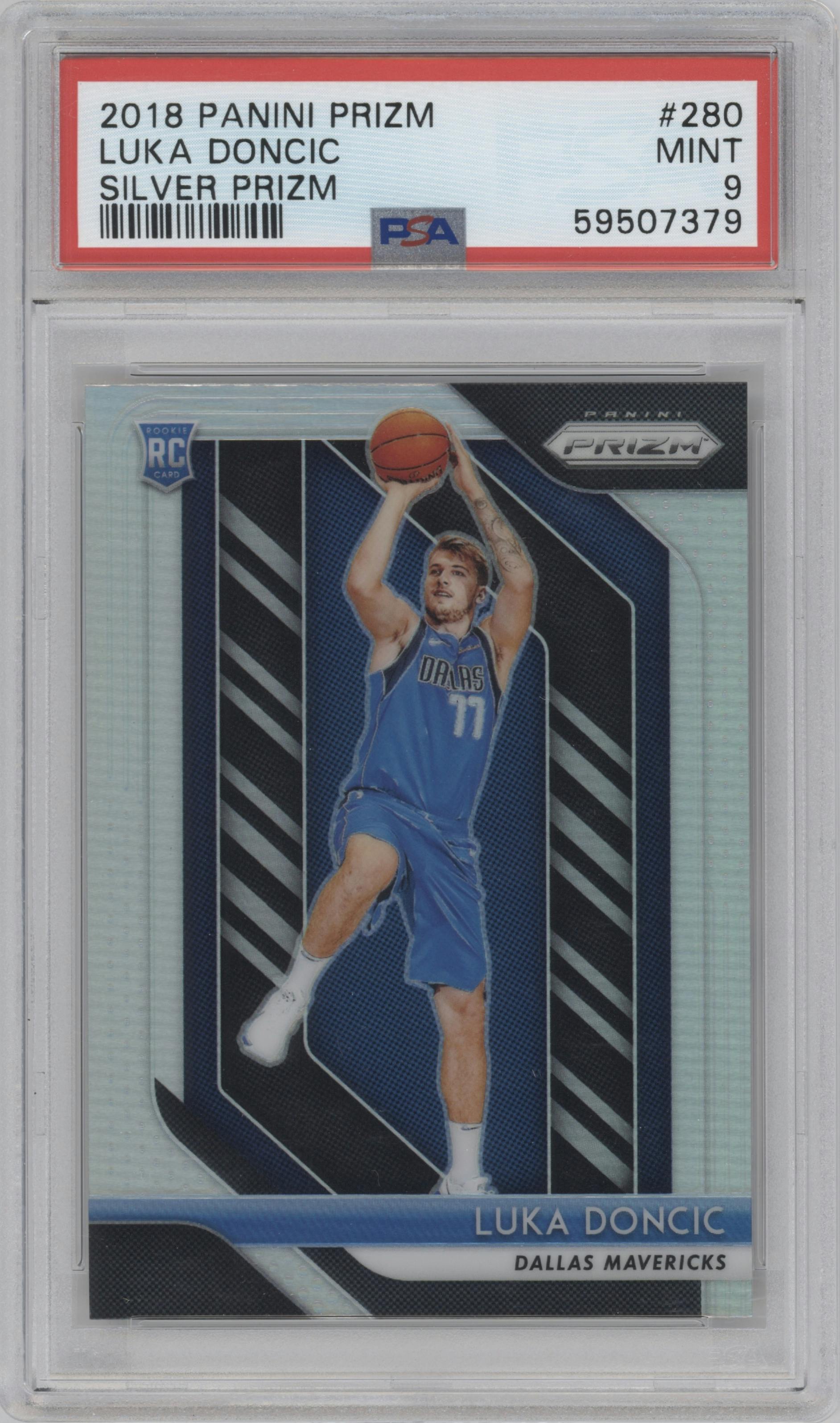 Luka Doncic from the 2018-19 Panini Prizm set featuring a Silver Prizm parallel graded by PSA and given an overall grade of 9.