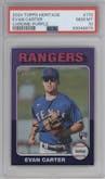 Evan Carter from the 2024 Topps Heritage set featuring a Chrome Purple Refractor parallel graded by PSA and given an overall grade of 10.