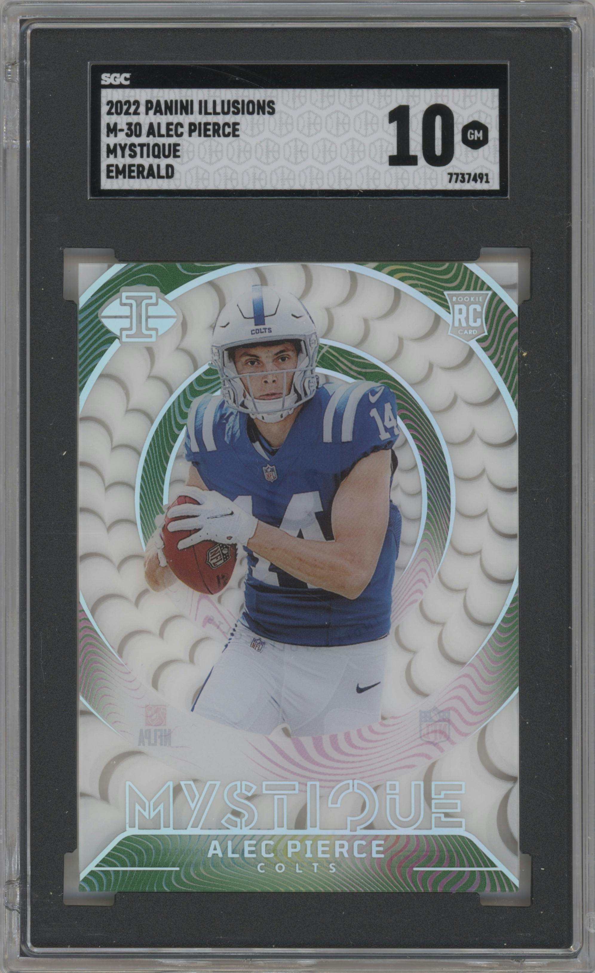 Alec Pierce from the 2022 Panini Illusions set featuring a Emerald parallel graded by SGC and given an overall grade of 10.