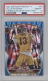Caleb Williams from the 2022 Bowman University Chrome set featuring a Blue RayWave Refractor parallel graded by PSA and given an overall grade of 10.
