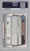Caleb Williams from the 2022 Bowman University Chrome set featuring a Blue RayWave Refractor parallel graded by PSA and given an overall grade of 10.