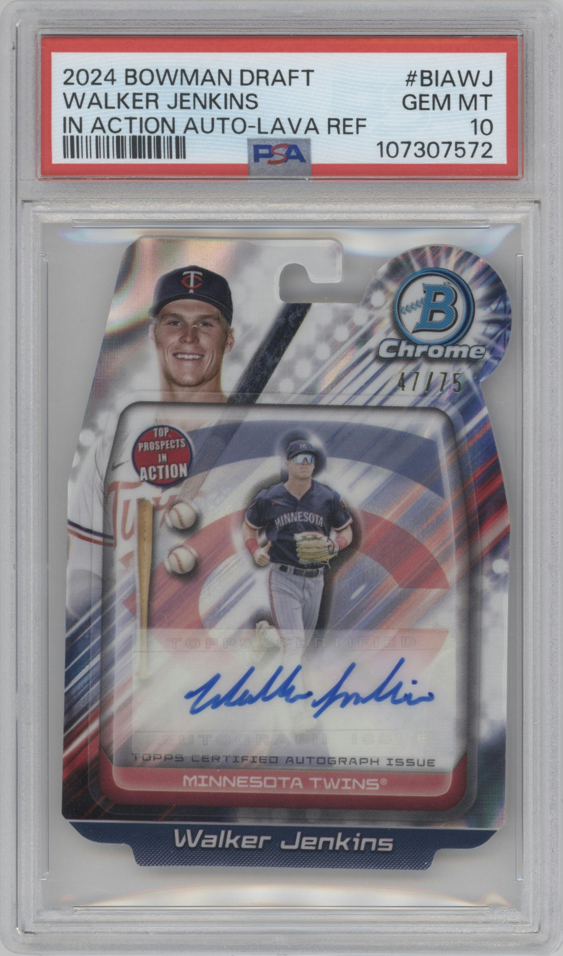 Walker Jenkins from the 2024 Bowman Draft set featuring a Lava Refractor parallel graded by PSA and given an overall grade of 10.