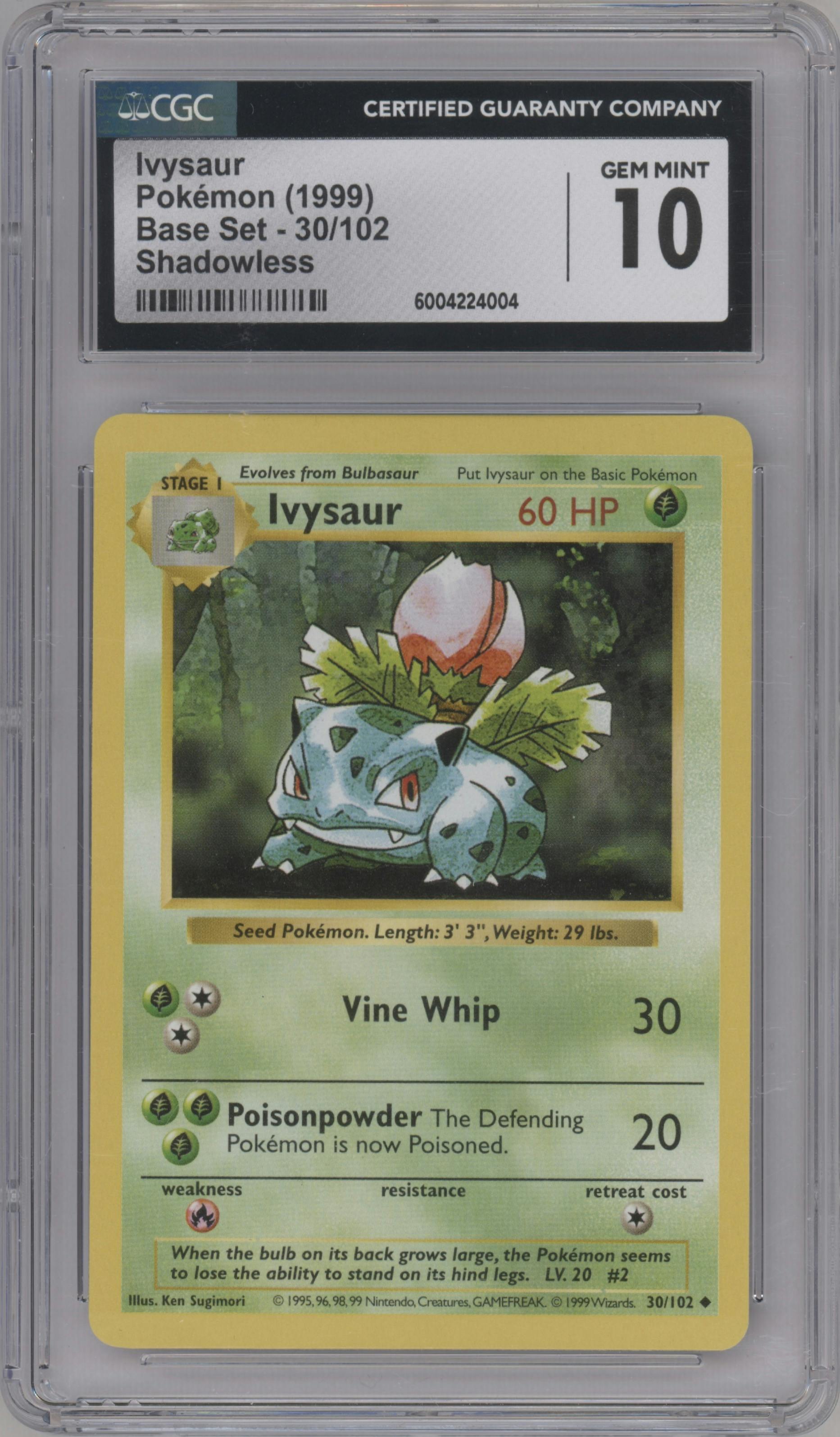 Ivysaur from the 1999 Pokemon set graded by CSG and given an overall grade of 10.