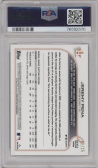 Jeremy Pena from the 2022 Topps Chrome Update Sapphire Edition  set featuring a Orange parallel graded by PSA and given an overall grade of 10.