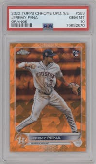 Jeremy Pena from the 2022 Topps Chrome Update Sapphire Edition  set featuring a Orange parallel graded by PSA and given an overall grade of 10.