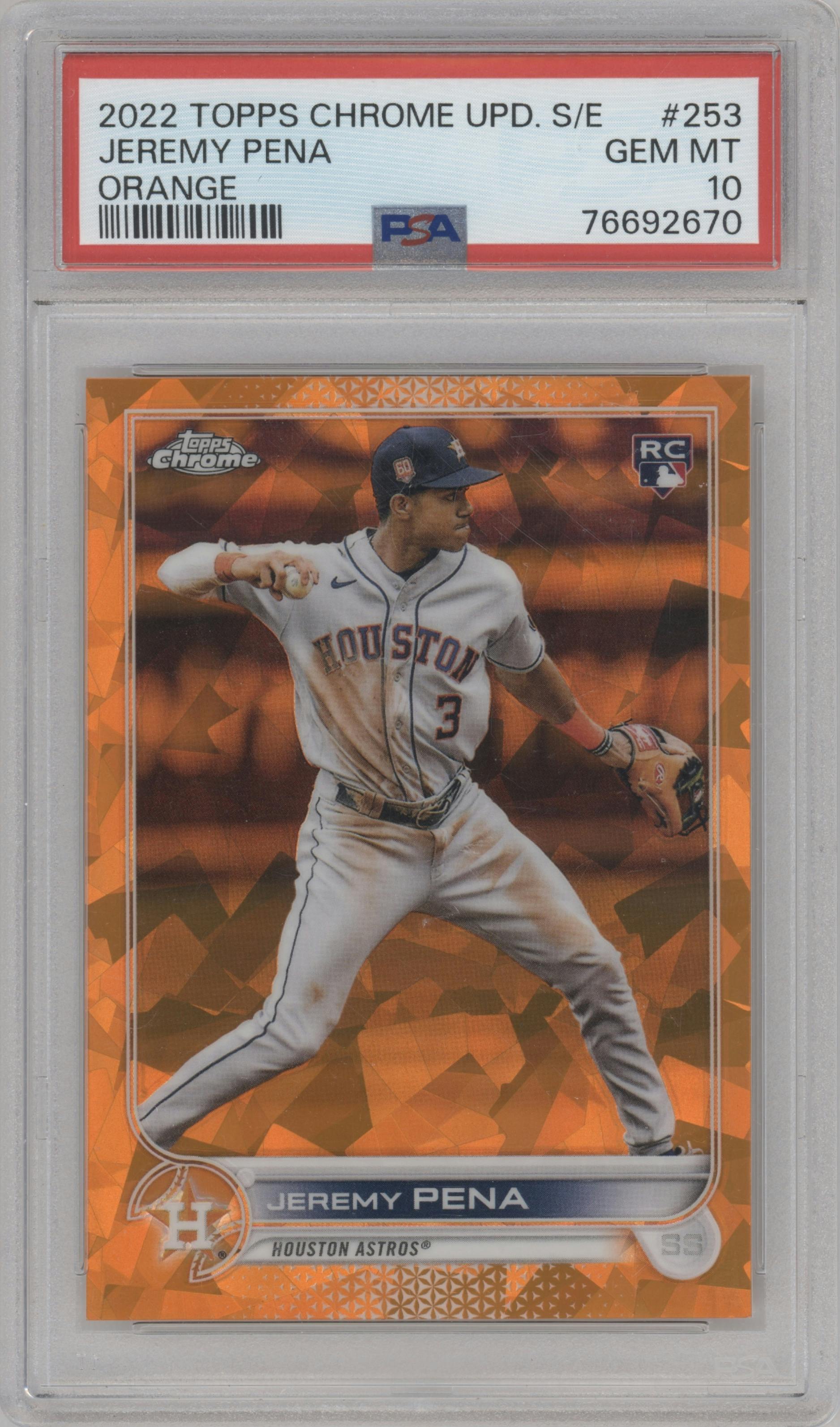Jeremy Pena from the 2022 Topps Chrome Update Sapphire Edition  set featuring a Orange parallel graded by PSA and given an overall grade of 10.
