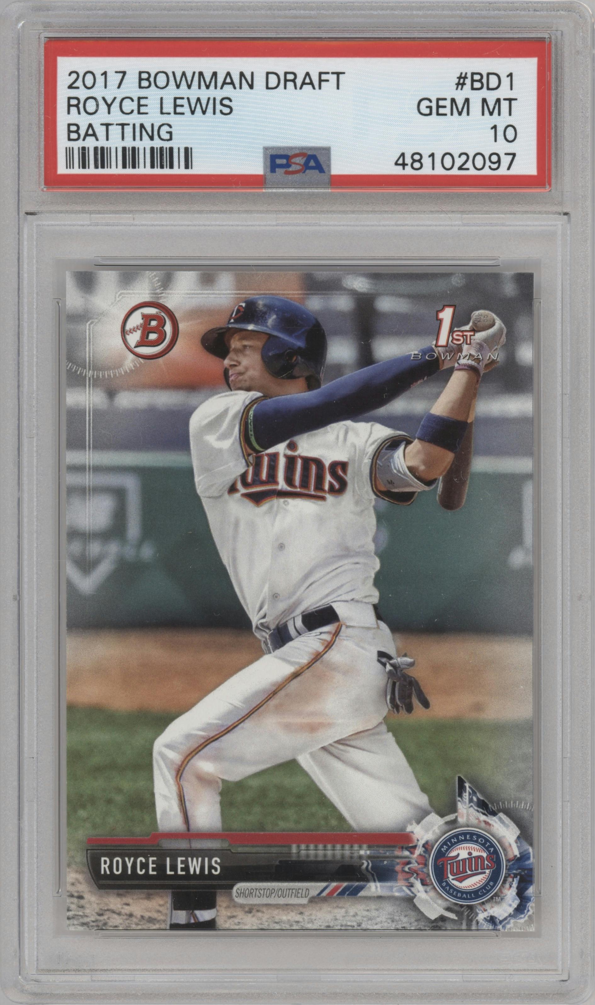 Royce Lewis from the 2017 Bowman Draft set graded by PSA and given an overall grade of 10.