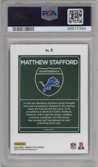 Matthew Stafford from the 2023 Donruss Optic set graded by PSA and given an overall grade of 10.