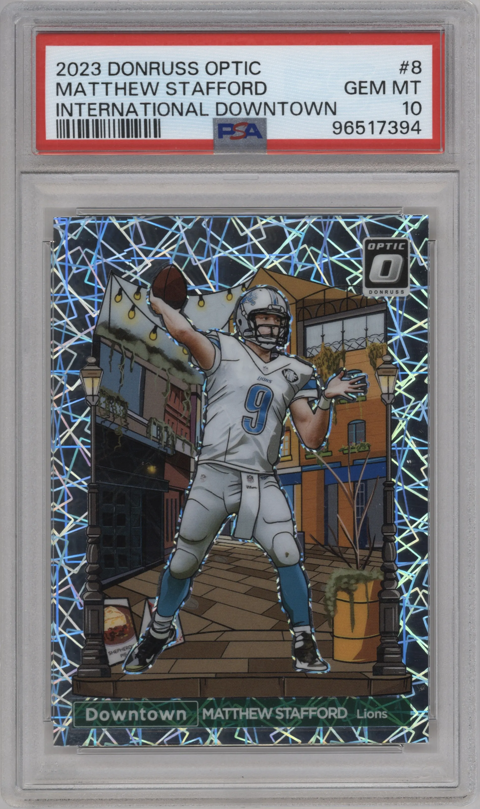 Matthew Stafford from the 2023 Donruss Optic set graded by PSA and given an overall grade of 10.