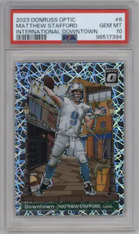 Matthew Stafford from the 2023 Donruss Optic set graded by PSA and given an overall grade of 10.
