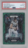 Trevor Lawrence from the 2023 Panini Prizm set featuring a  Green Scope parallel graded by PSA and given an overall grade of 10.