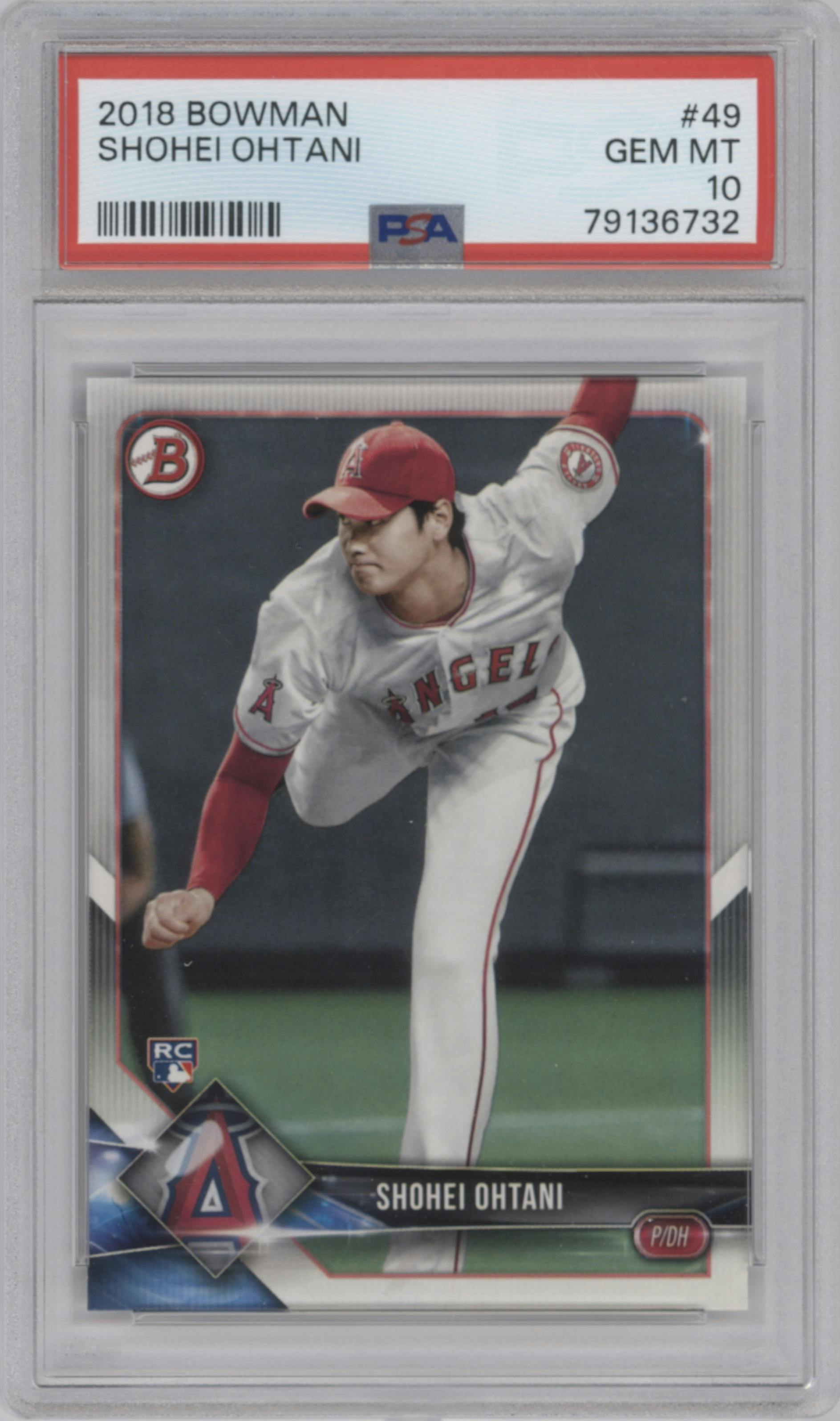 Shohei Ohtani from the 2018 Bowman set graded by PSA and given an overall grade of 10.