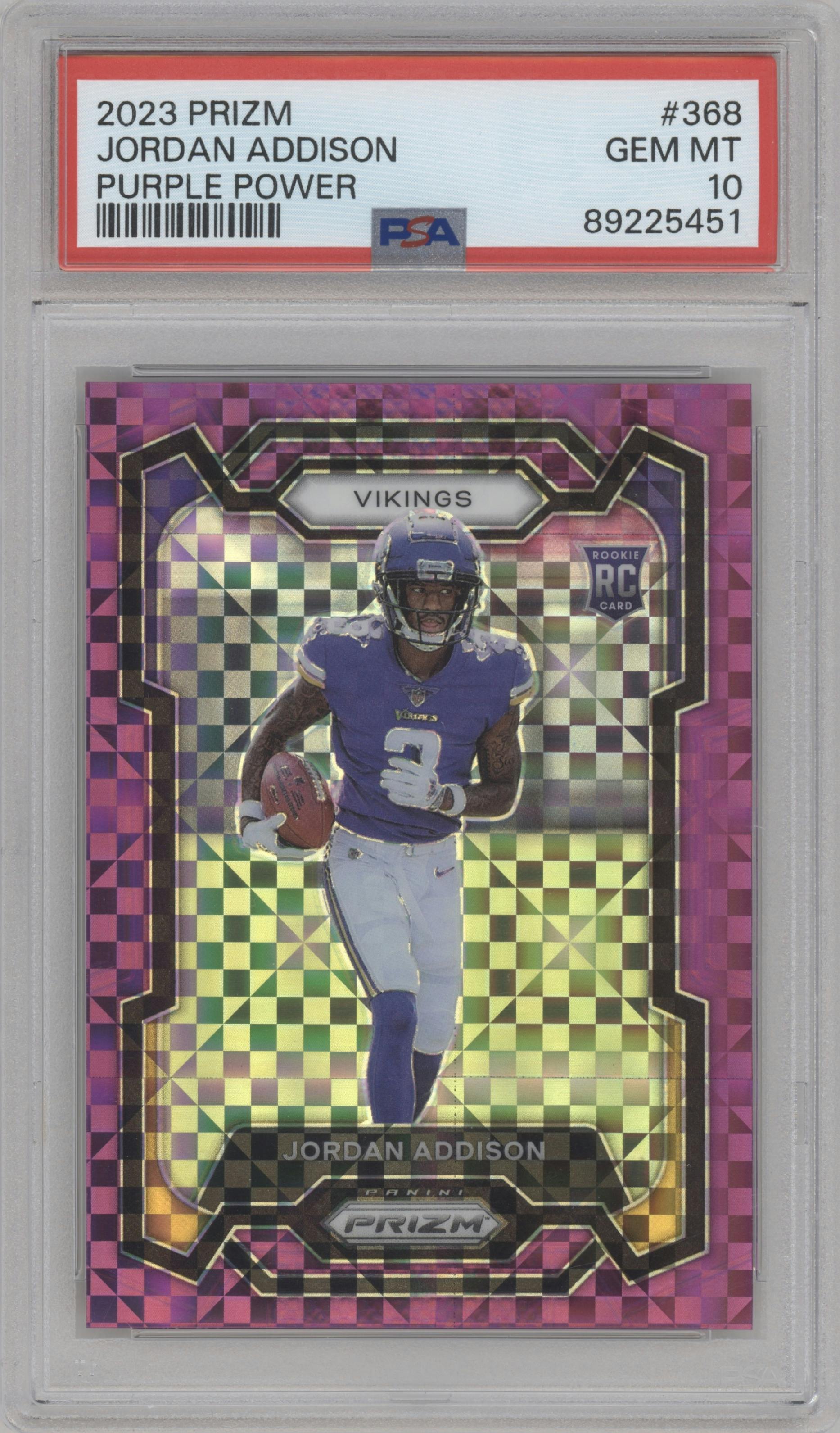 Jordan Addison from the 2023 Panini Prizm set featuring a Purple Power parallel graded by PSA and given an overall grade of 10.