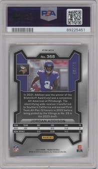 Jordan Addison from the 2023 Panini Prizm set featuring a Purple Power parallel graded by PSA and given an overall grade of 10.