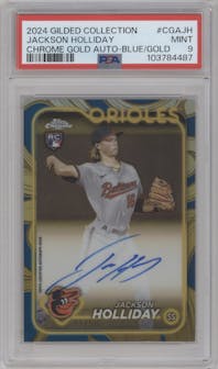 Jackson Holliday from the 2024 Topps Gilded Collection set featuring a Blue/Gold parallel graded by PSA and given an overall grade of 9.