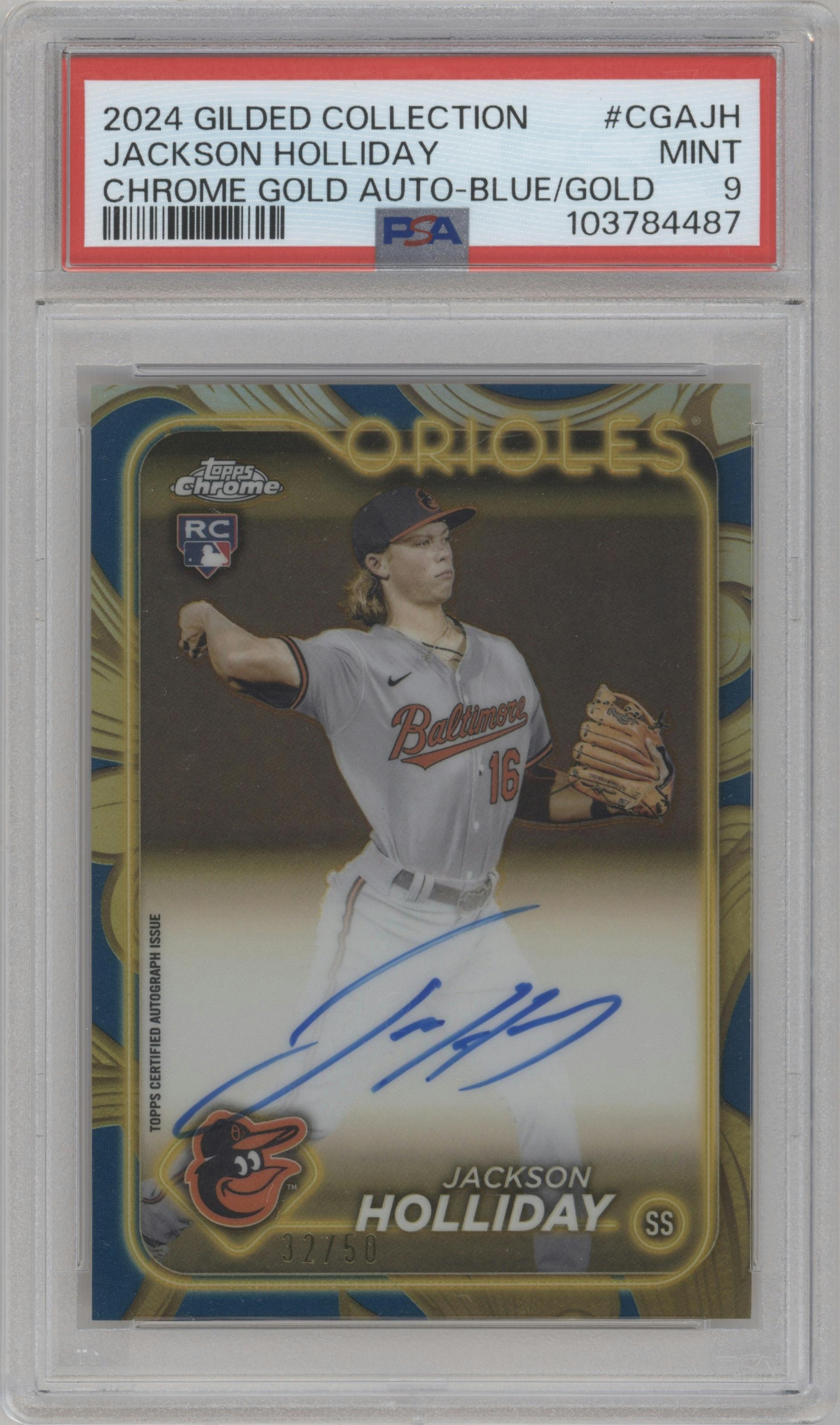 Jackson Holliday from the 2024 Topps Gilded Collection set featuring a Blue/Gold parallel graded by PSA and given an overall grade of 9.