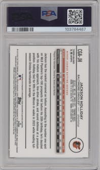 Jackson Holliday from the 2024 Topps Gilded Collection set featuring a Blue/Gold parallel graded by PSA and given an overall grade of 9.