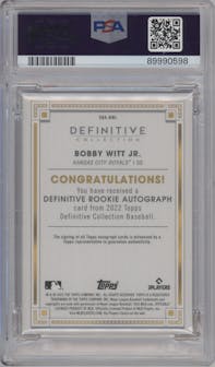 Bobby Witt Jr. from the 2022 Topps Definitive Collection set featuring a Red parallel graded by PSA and given an overall grade of 10.
