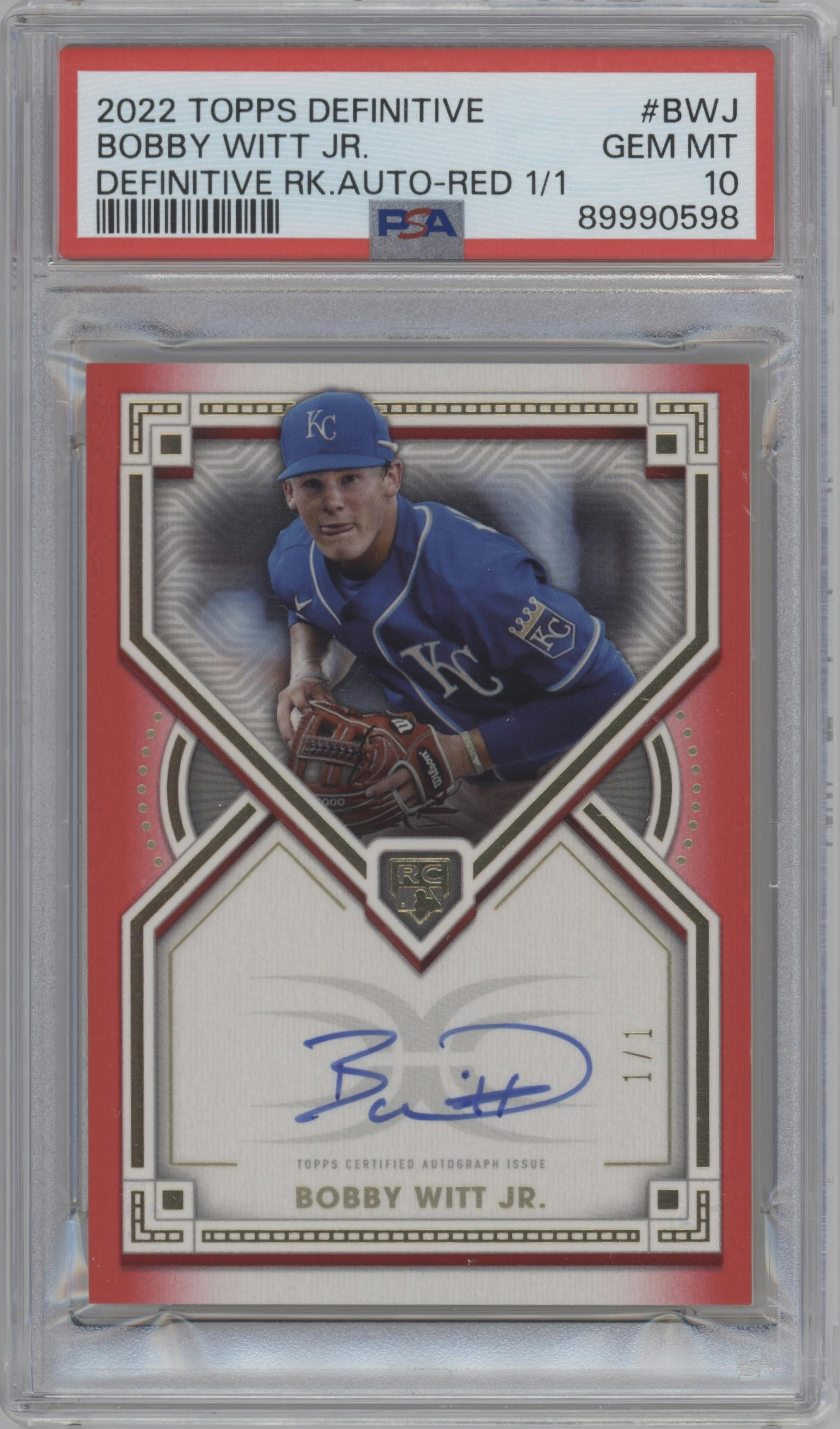 Bobby Witt Jr. from the 2022 Topps Definitive Collection set featuring a Red parallel graded by PSA and given an overall grade of 10.