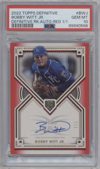 Bobby Witt Jr. from the 2022 Topps Definitive Collection set featuring a Red parallel graded by PSA and given an overall grade of 10.