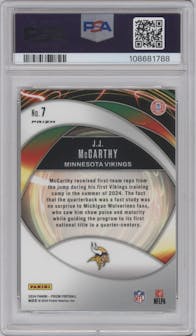 J.J. McCarthy from the 2024 Panini Prizm set featuring a Green Prizm parallel graded by PSA and given an overall grade of 10.