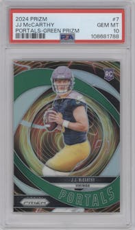J.J. McCarthy from the 2024 Panini Prizm set featuring a Green Prizm parallel graded by PSA and given an overall grade of 10.