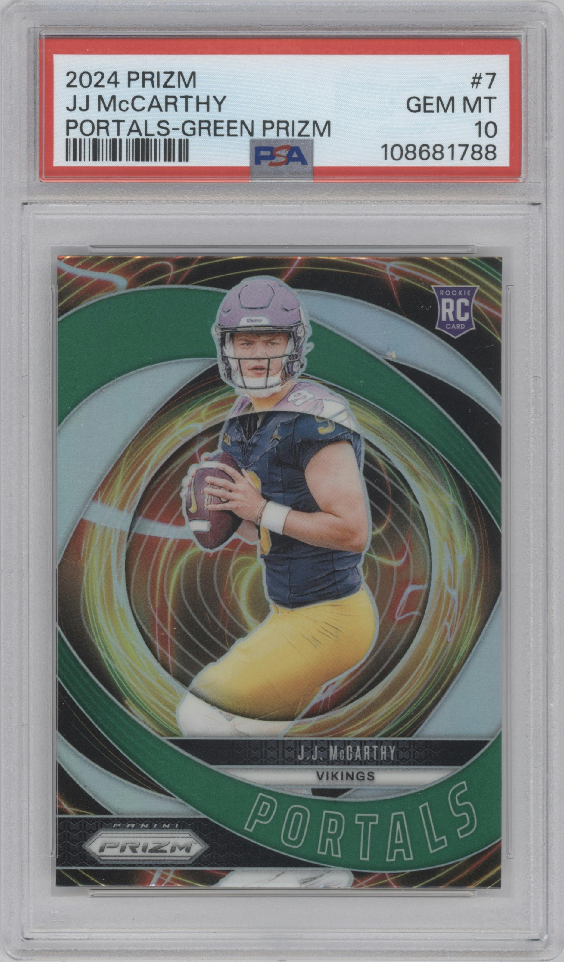 J.J. McCarthy from the 2024 Panini Prizm set featuring a Green Prizm parallel graded by PSA and given an overall grade of 10.