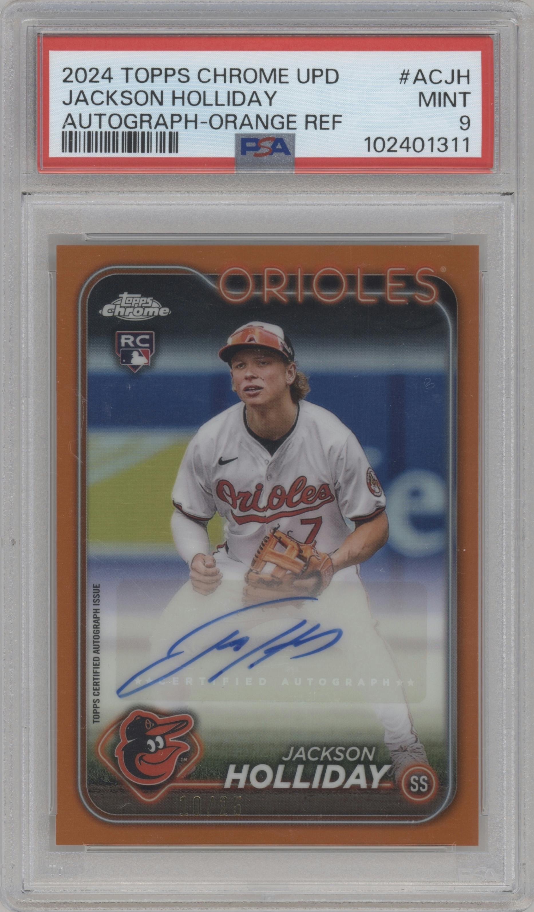 Jackson Holliday from the 2024 Topps Chrome Update set featuring a Orange Refractor parallel graded by PSA and given an overall grade of 9.