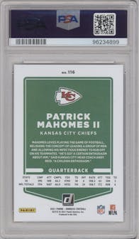 Patrick Mahomes II from the 2021 Panini Donruss set featuring a Press Proof Premium parallel graded by PSA and given an overall grade of 10.