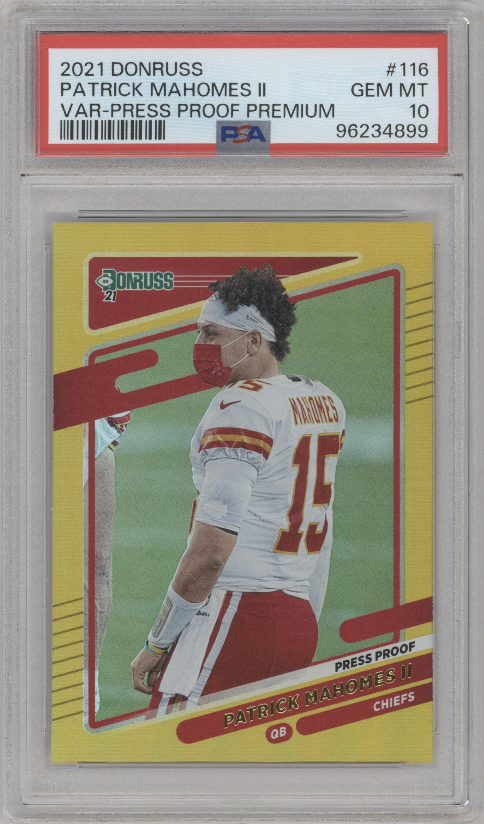 Patrick Mahomes II from the 2021 Panini Donruss set featuring a Press Proof Premium parallel graded by PSA and given an overall grade of 10.