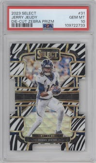 Jerry Jeudy from the 2023 Panini Select set featuring a Die-Cut Zebra Prizm parallel graded by PSA and given an overall grade of 10.