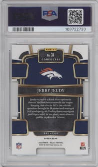 Jerry Jeudy from the 2023 Panini Select set featuring a Die-Cut Zebra Prizm parallel graded by PSA and given an overall grade of 10.