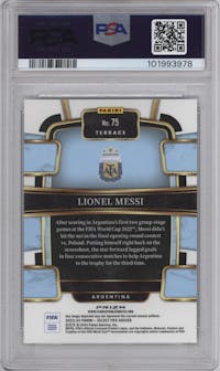 Lionel Messi from the 2023-24 Panini Select FIFA set featuring a White Sparkle parallel graded by PSA and given an overall grade of 9.