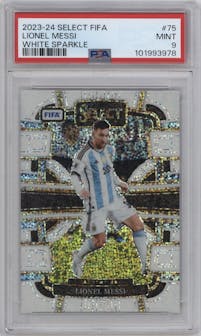 Lionel Messi from the 2023-24 Panini Select FIFA set featuring a White Sparkle parallel graded by PSA and given an overall grade of 9.