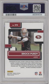 Brock Purdy from the 2022 Panini Donruss set graded by PSA and given an overall grade of 9.