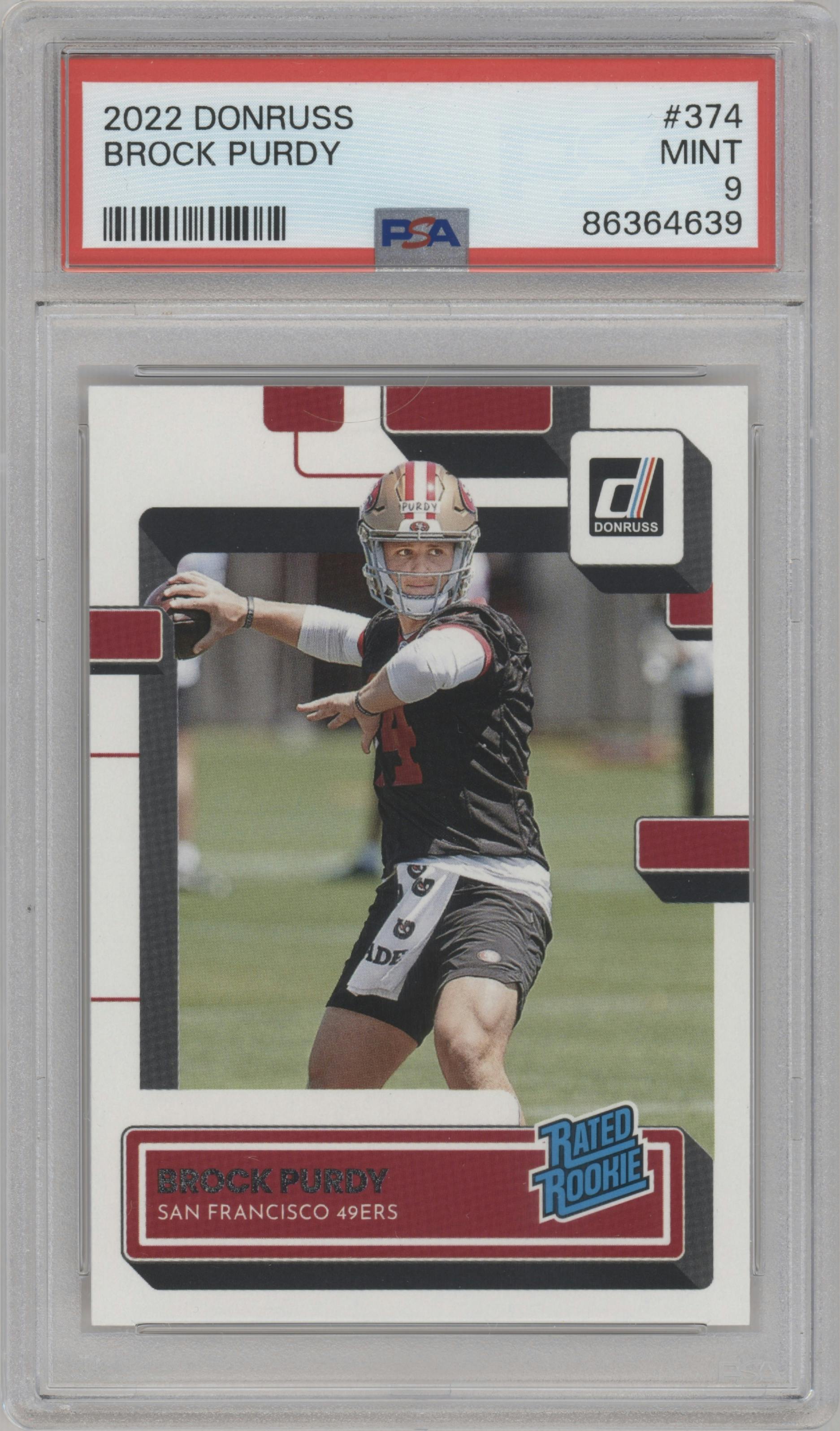 Brock Purdy from the 2022 Panini Donruss set graded by PSA and given an overall grade of 9.