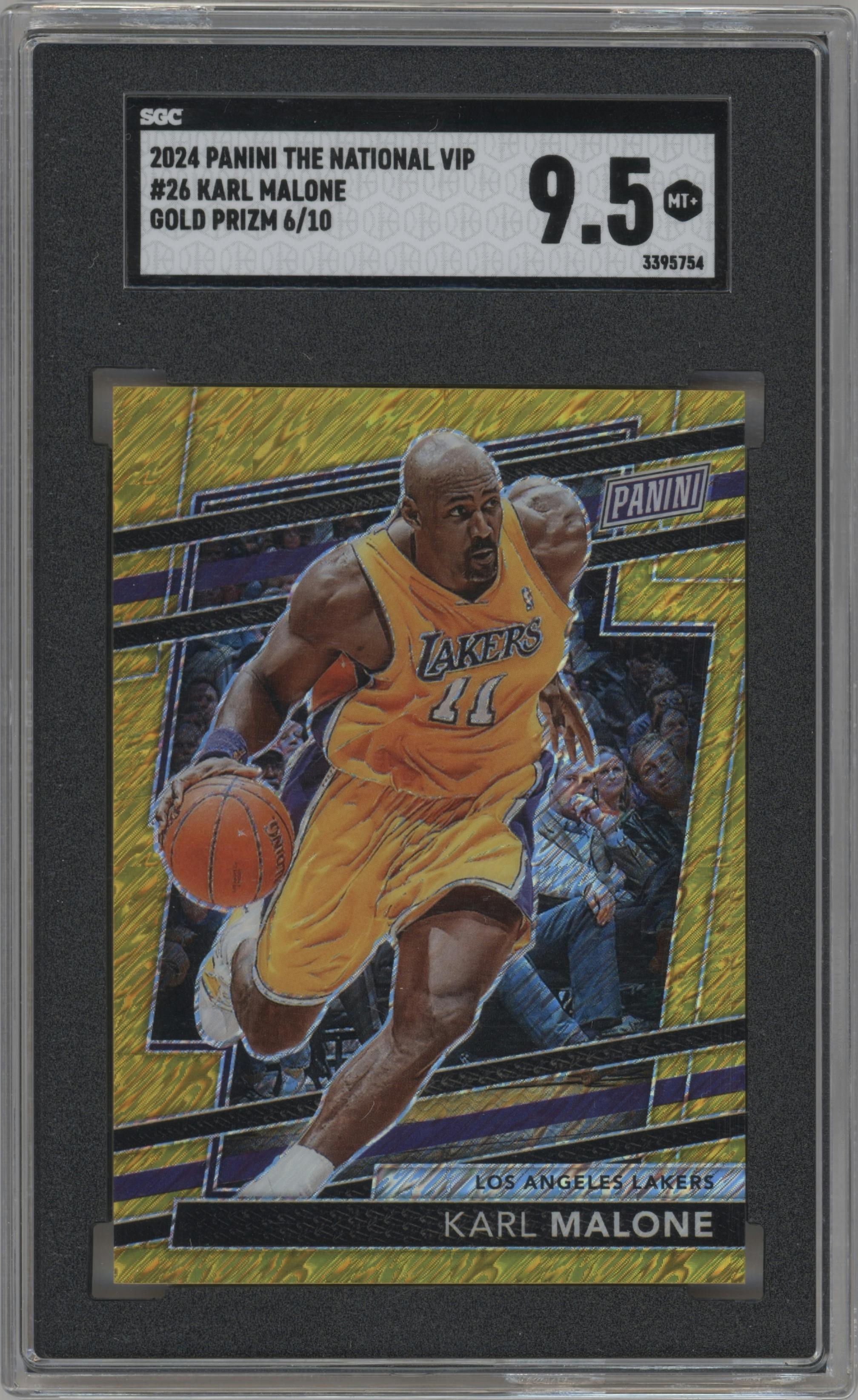 Karl Malone from the 2024 Panini The National VIP set featuring a Gold  parallel graded by SGC and given an overall grade of 9.5.