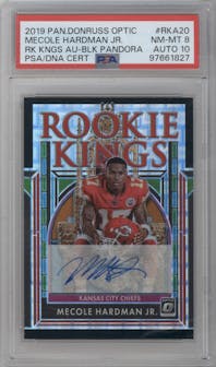 Mecole Hardman Jr. from the 2019 Panini Donruss Optic set featuring a Black Pandora parallel graded by PSA and given an overall grade of 8.