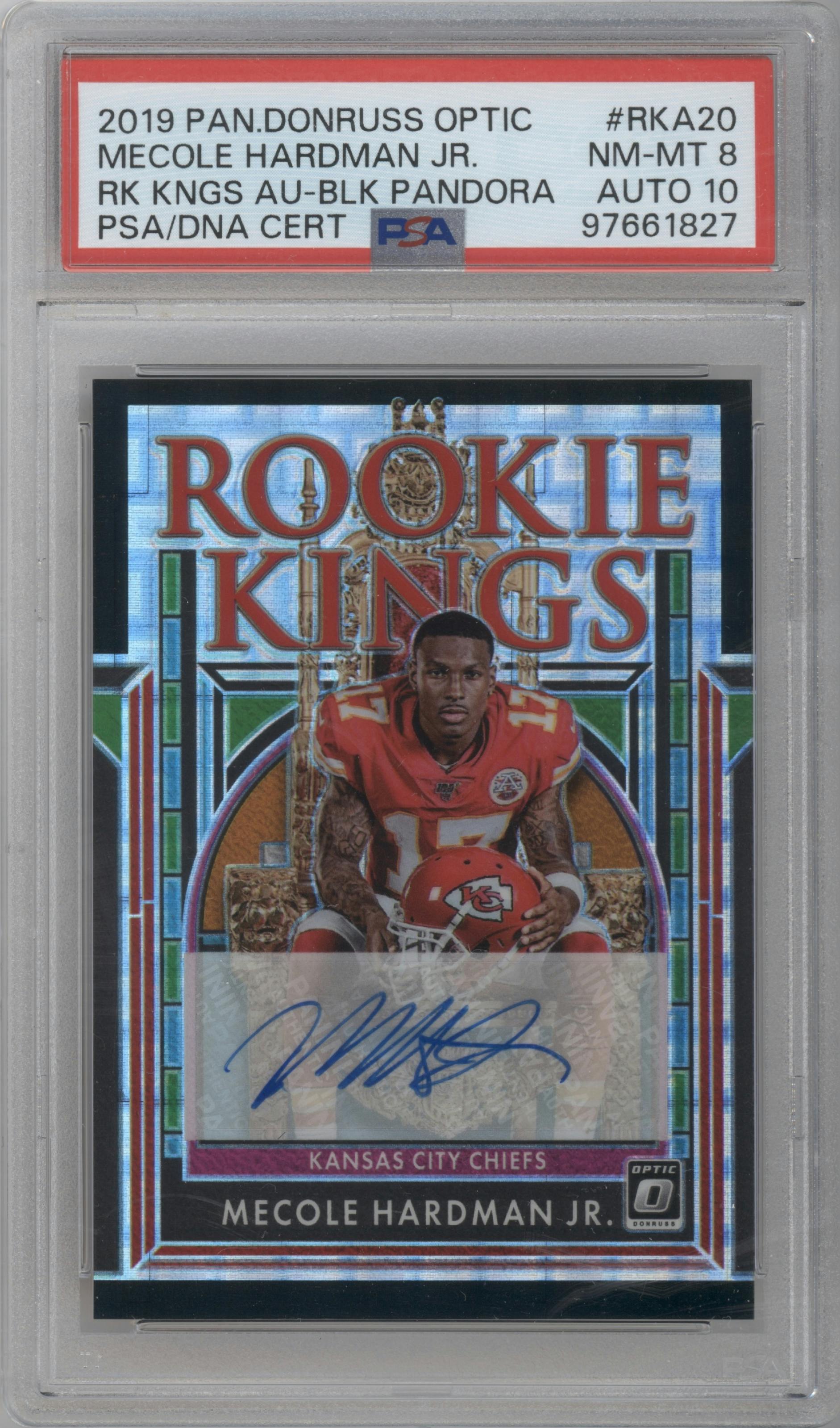 Mecole Hardman Jr. from the 2019 Panini Donruss Optic set featuring a Black Pandora parallel graded by PSA and given an overall grade of 8.